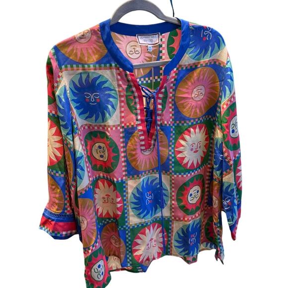 Johnny Was Workshop Front Tie Villa Silk Blouse Sun Print XL NWT Boho Gift - Picture 3 of 8